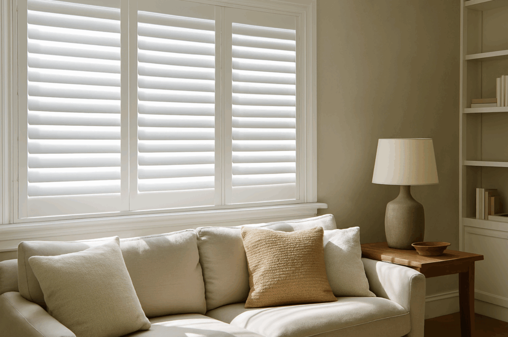 Cosy earth toned living space featuring white plantation shutters from Shutter Up Australia.