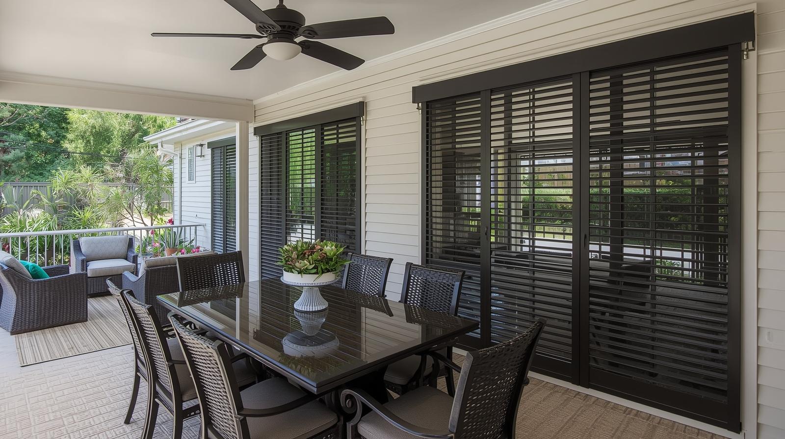 Aluminum outdoor shutters with adjustable louvres providing privacy for Brisbane patio space