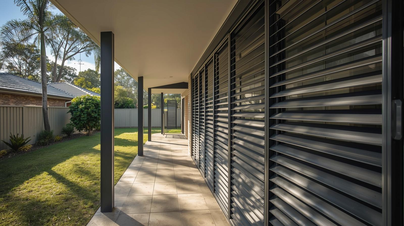 Exterior view of Brisbane home with aluminium outdoor shutters on patio providing shade and airflow from backyard