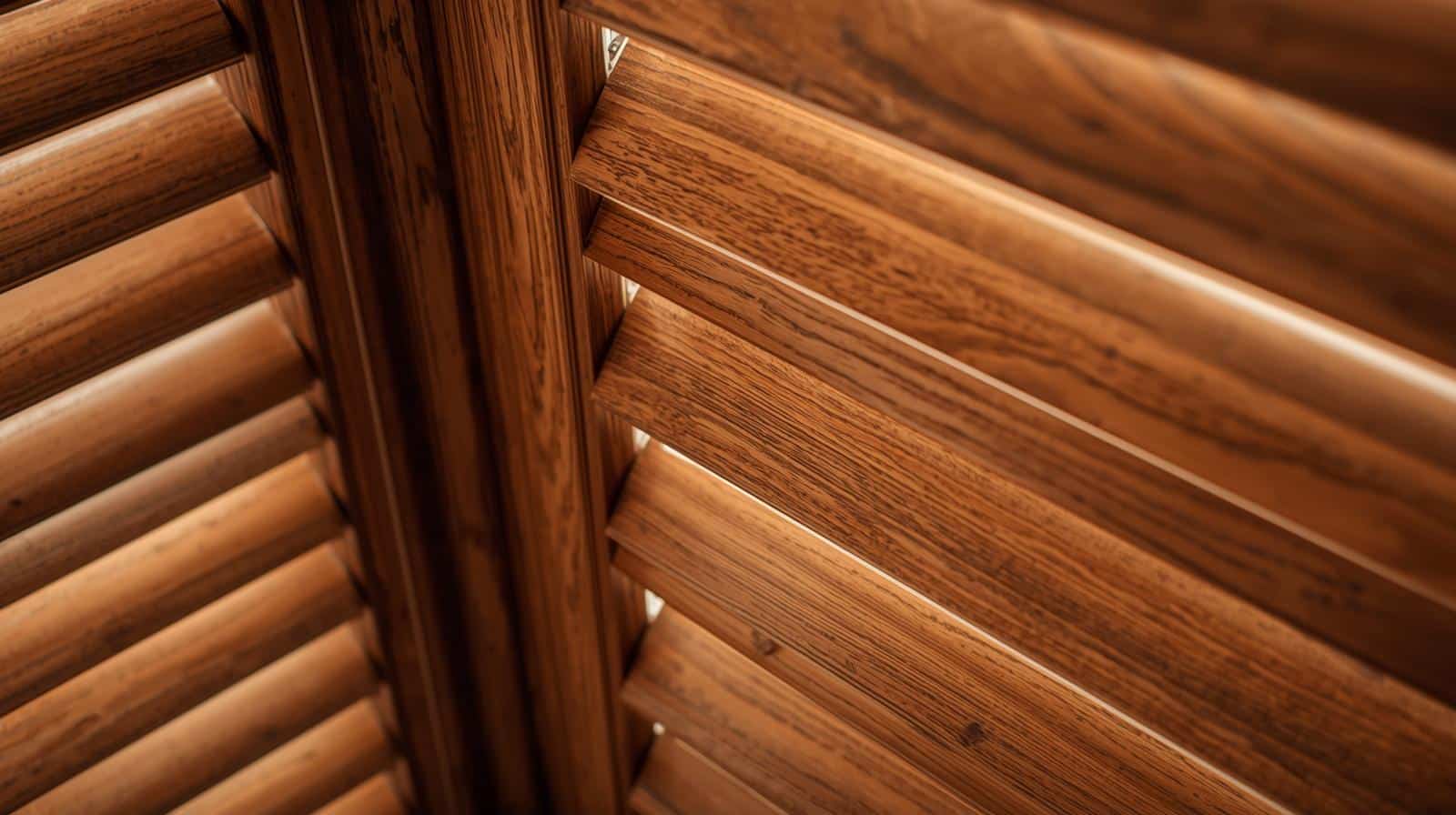 Close view of timber plantation shutters highlighting blade profile and finish