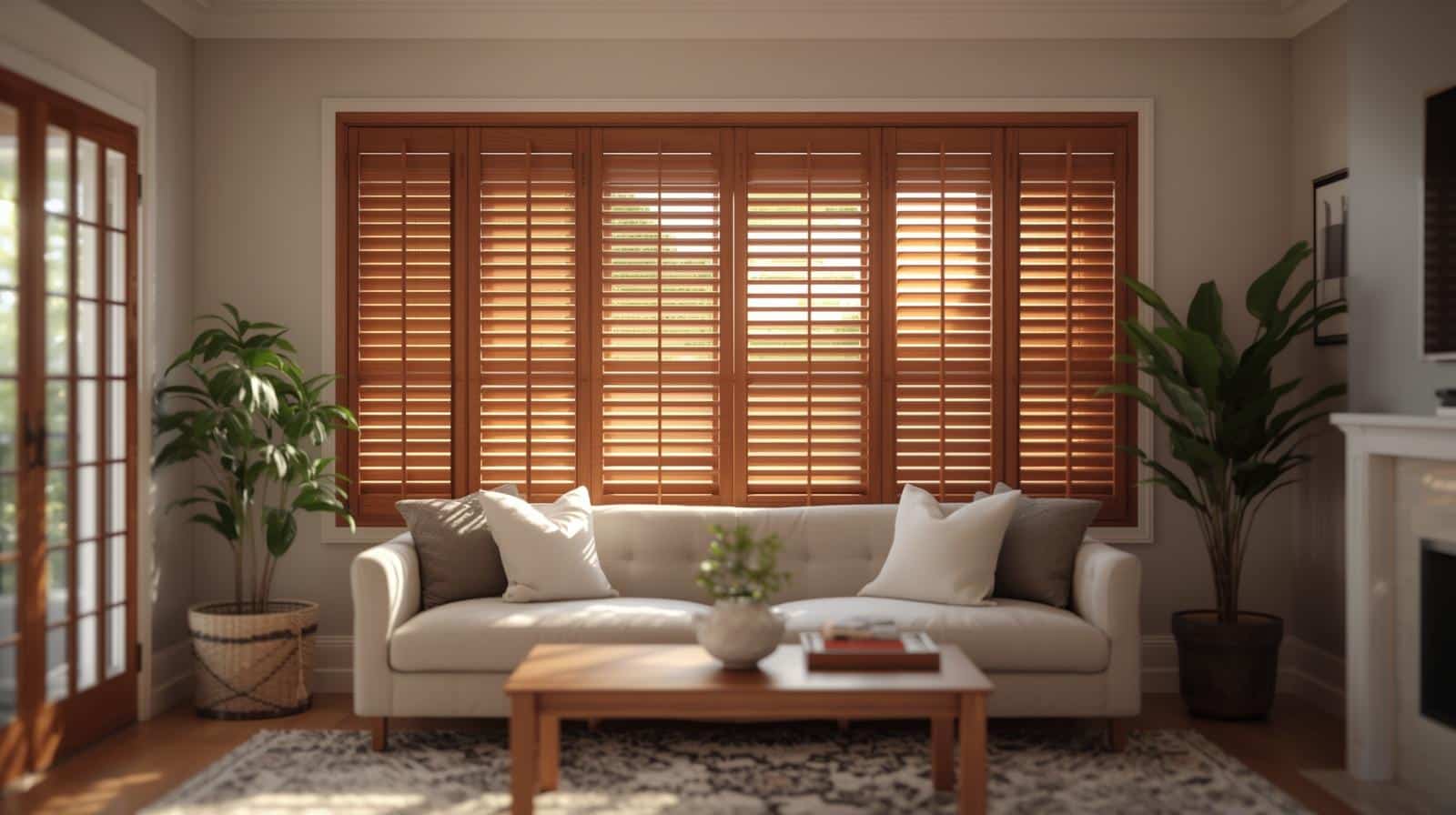 Timber plantation shutters in a Brisbane living room with natural light control