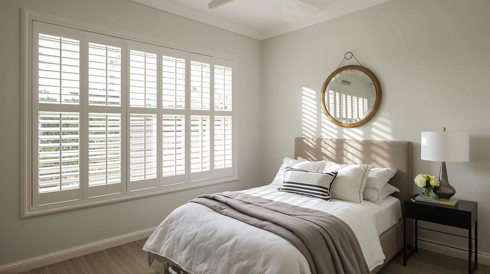 Brisbane plantation shutters providing UV protection and privacy in a bedroom