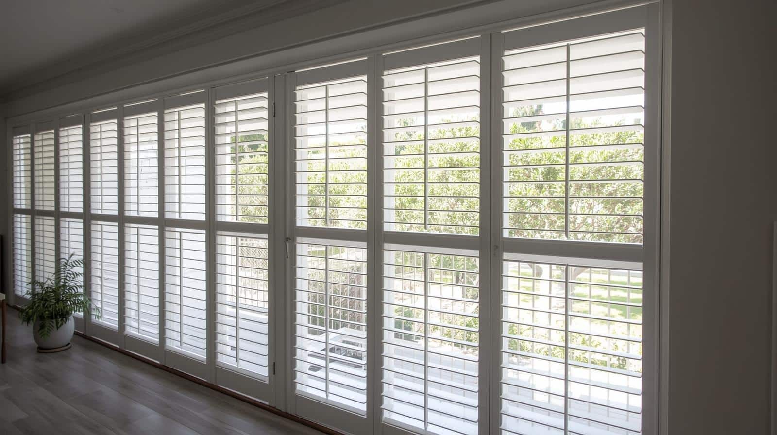 Plantation shutters for sliding glass doors in Brisbane home with bi-fold track system