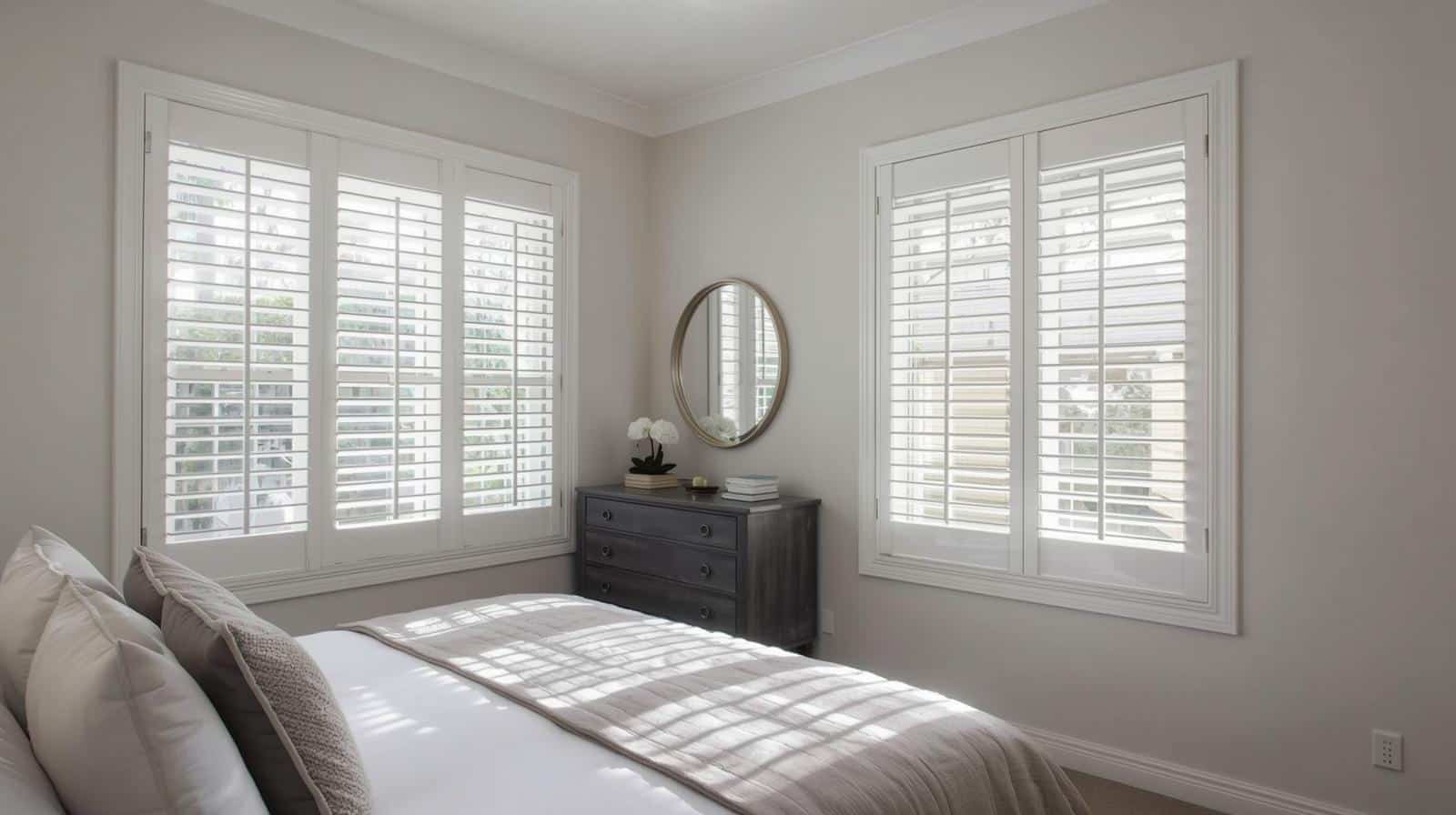 Plantation shutters Brisbane providing UV protection and privacy in bedroom 