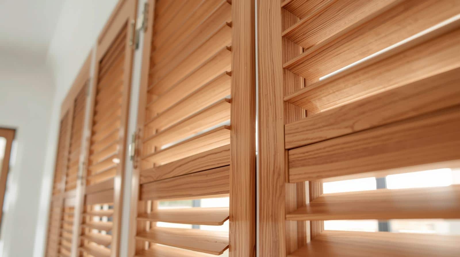 Premium timber plantation shutters with natural hardwood finish in elegant Brisbane home interior