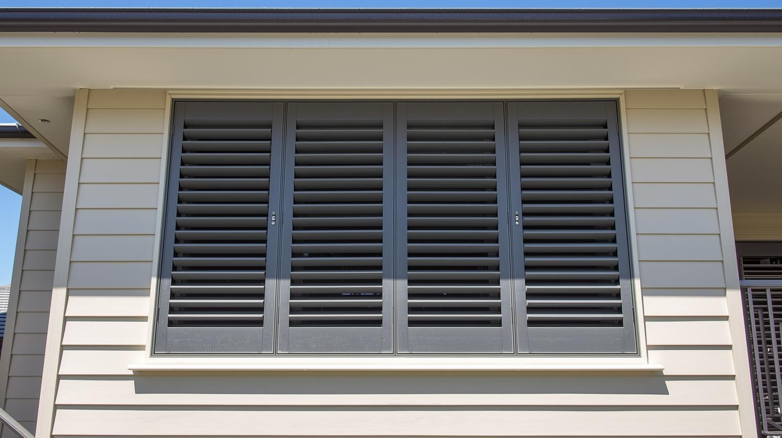 UV-resistant plantation shutters with fade-proof coating protecting Brisbane home from intense sun