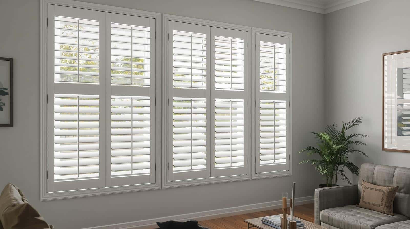 Window shutters Brisbane living room with plantation shutters providing light control
