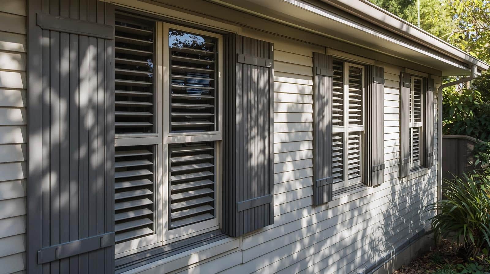 External plantation shutters in Brisbane suburban backyard offering privacy and storm protection