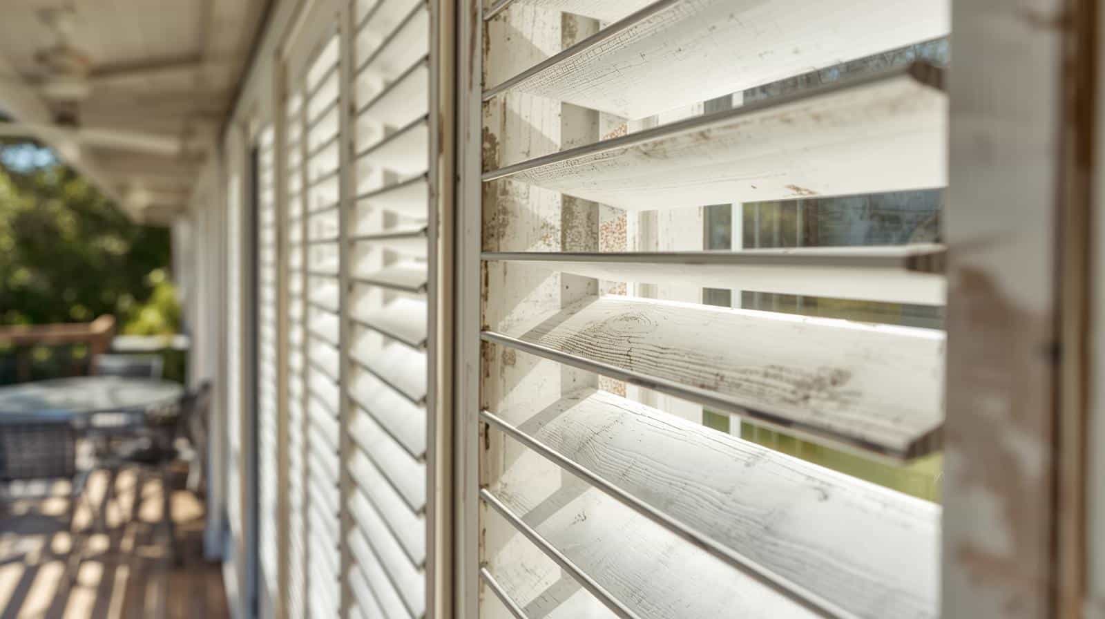 Outdoor plantation shutters on Brisbane patio providing weather protection and privacy