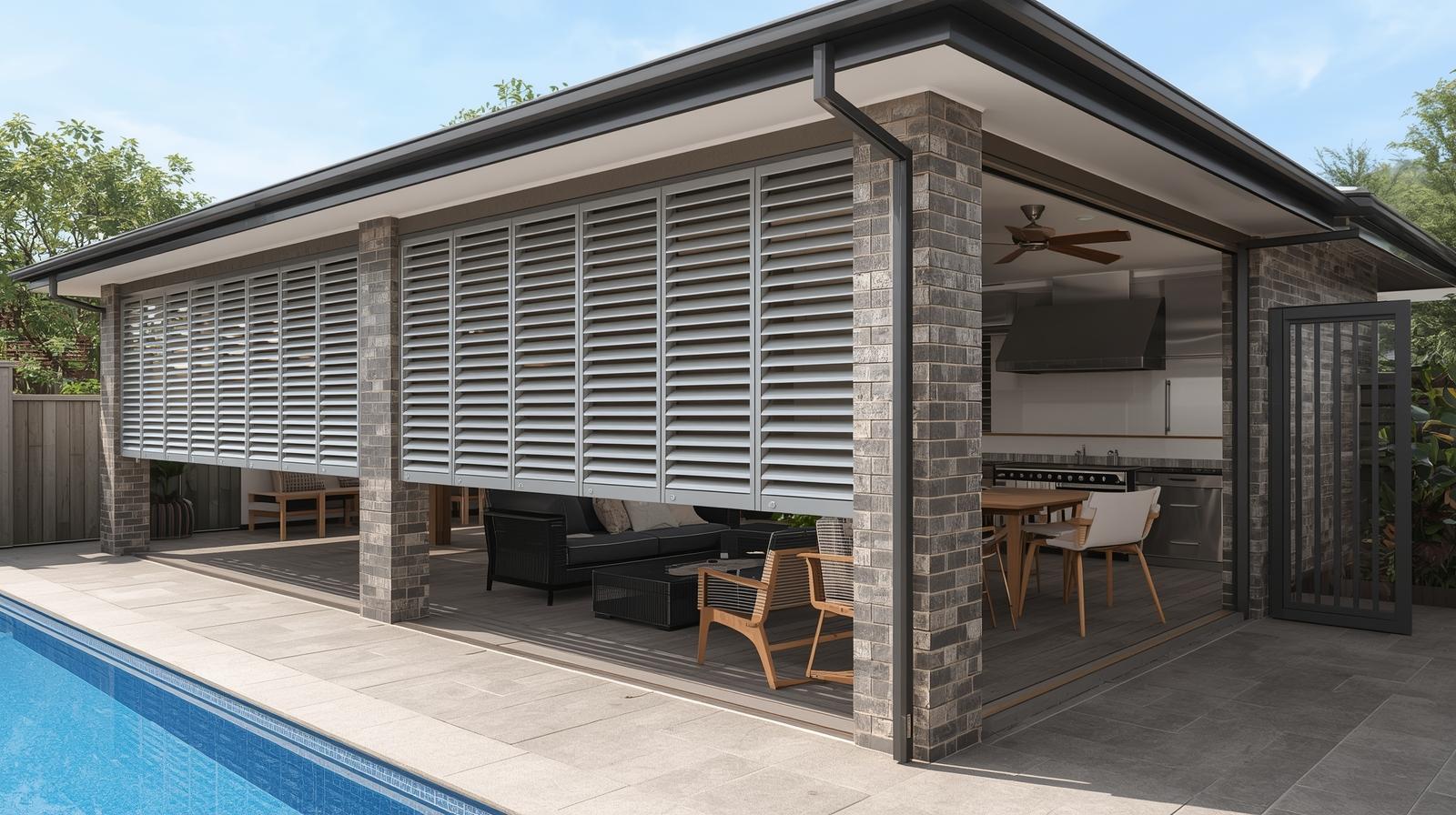 Outdoor plantation shutters for alfresco in Brisbane suburb with adjustable louvre ventilation
