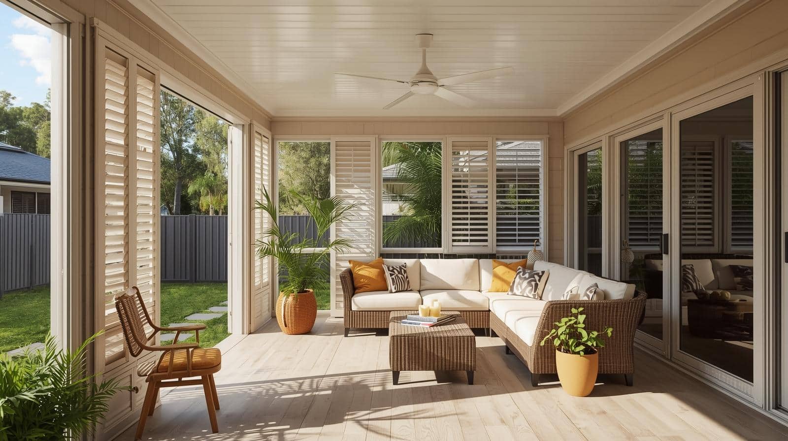 Outdoor plantation shutters on Brisbane suburban patio creating shaded outdoor living space