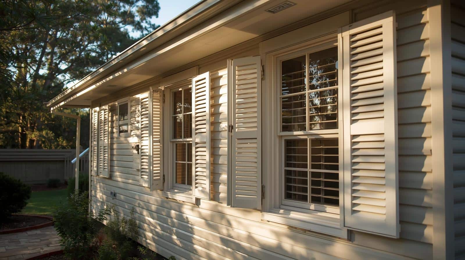 White outdoor plantation shutters in Brisbane suburb protecting windows from sun and weather