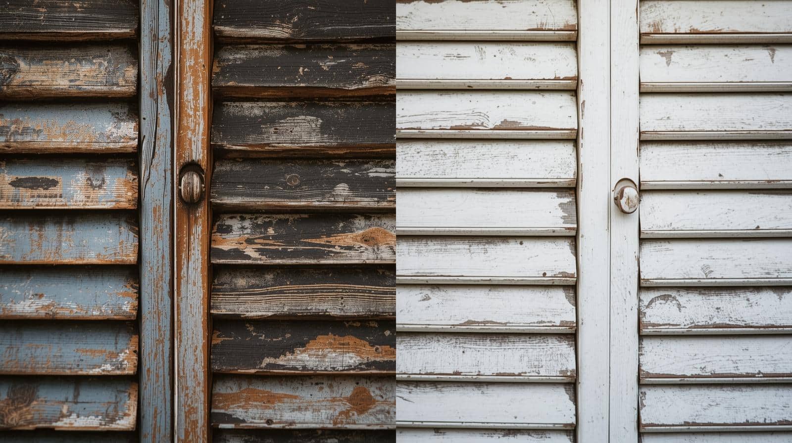 Comparison showing UV damage on inferior shutters versus quality Australian-made shutters in harsh climate conditions