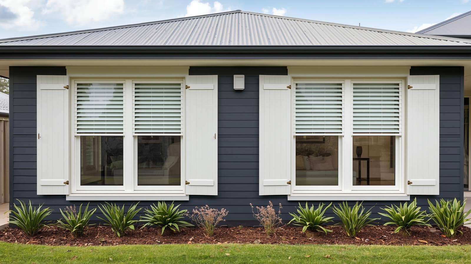 Modern Australian home in Brisbane with white plantation shutters on large windows showcasing climate-appropriate window coverings