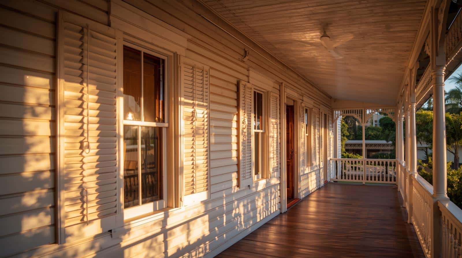 raditional Brisbane Queenslander home with white plantation shutters on veranda windows showcasing subtropical climate solutions