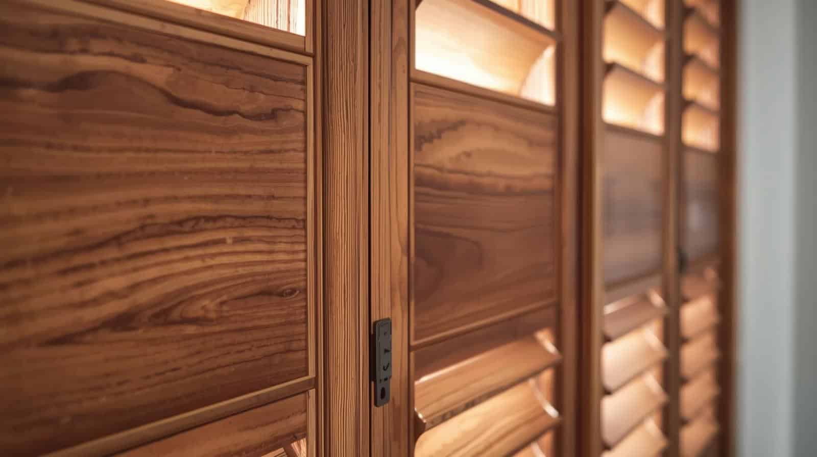 Premium timber plantation shutters in Brisbane home showing natural wood grain finish and adjustable louvres