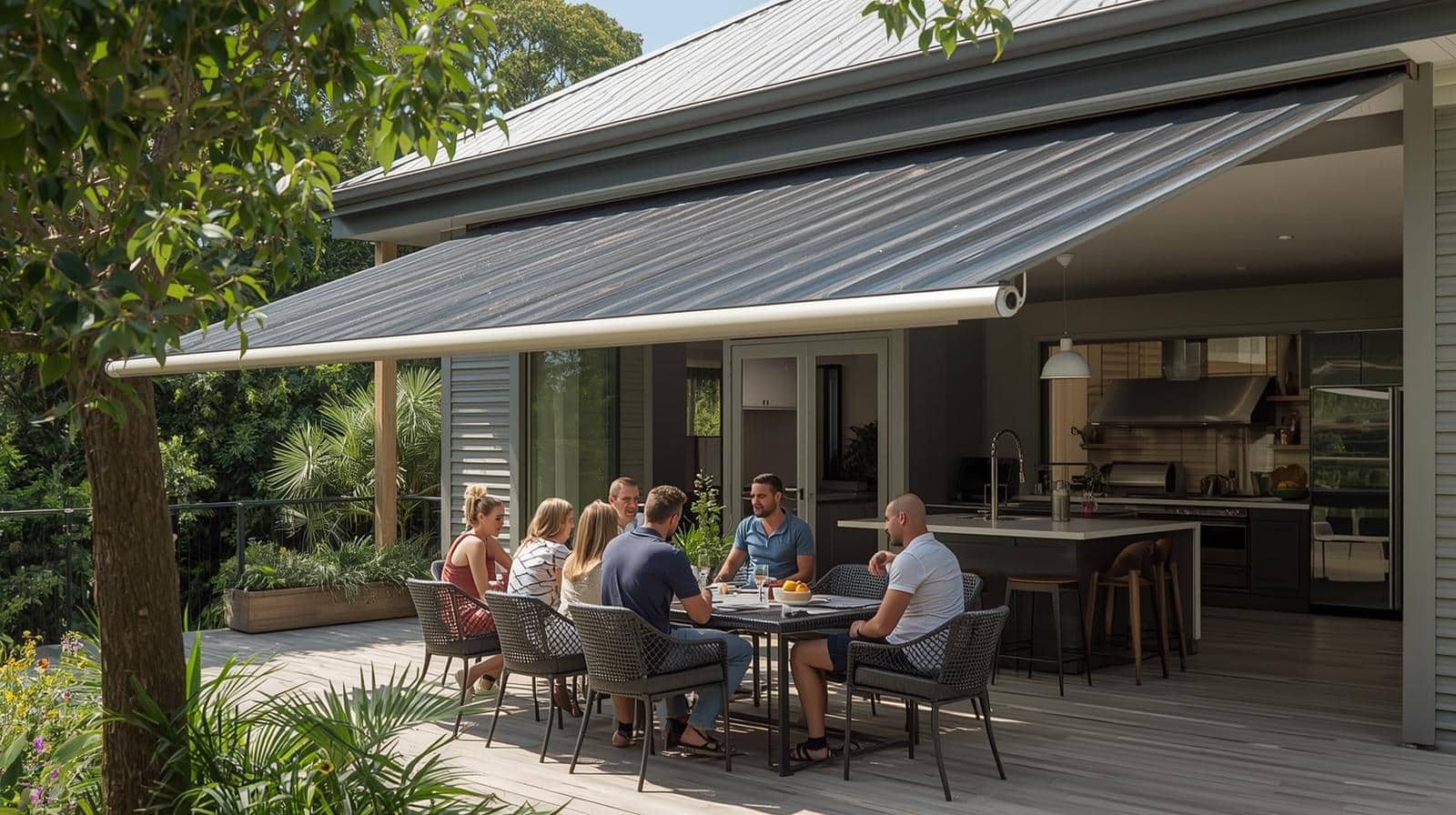 Brisbane family enjoying outdoor entertaining area protected by aluminium louvers