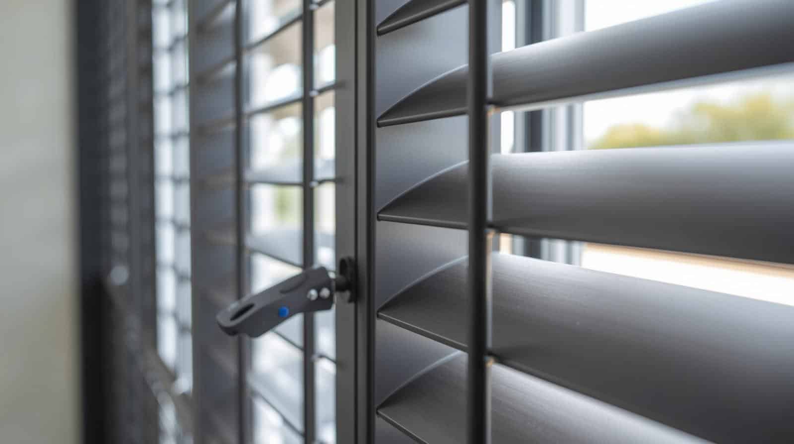 Adjustable louvre shutter blades showing tilt mechanism and blade sizing options for Brisbane homes