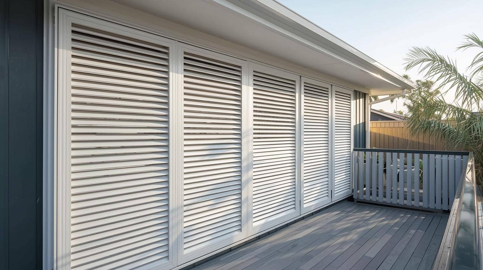 Sliding outdoor louvers installed on Brisbane apartment balcony for privacy and weather protection