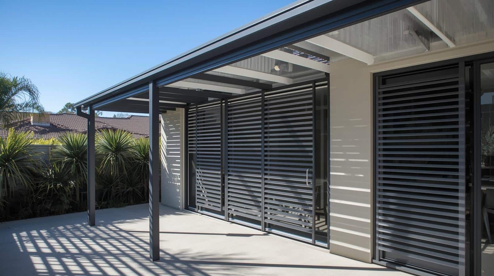 Aluminium external louvres installed on a Brisbane patio, providing shade and privacy