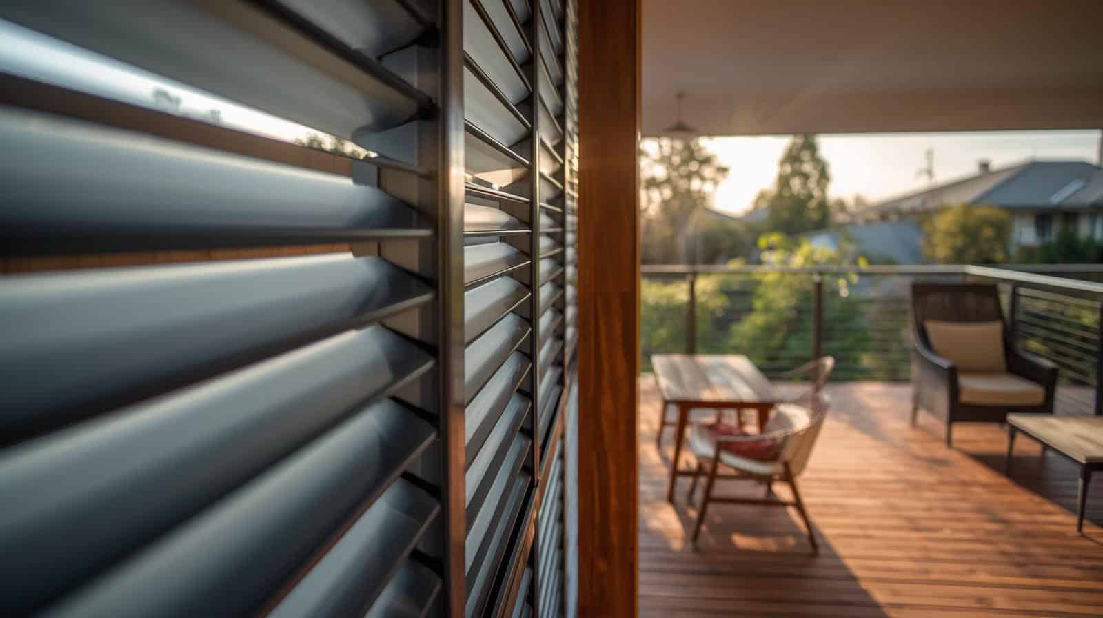 Fixed aluminium louvres used as a privacy screen on a timber deck in Brisbane