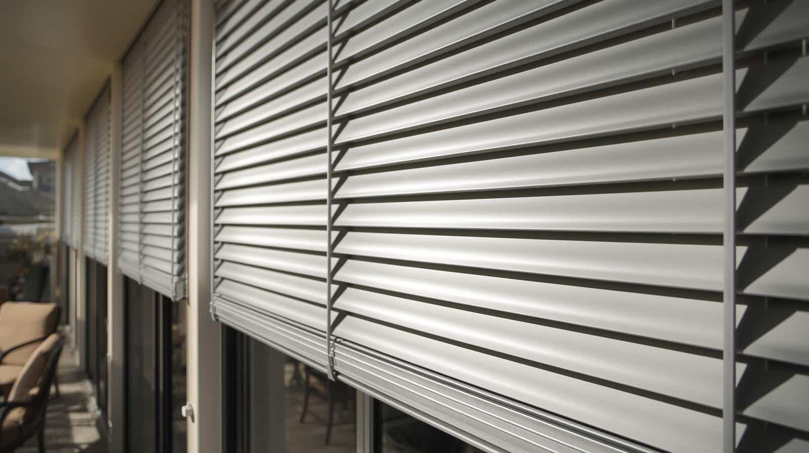 Aluminium outdoor plantation shutters installed on a Brisbane patio, providing shade and privacy