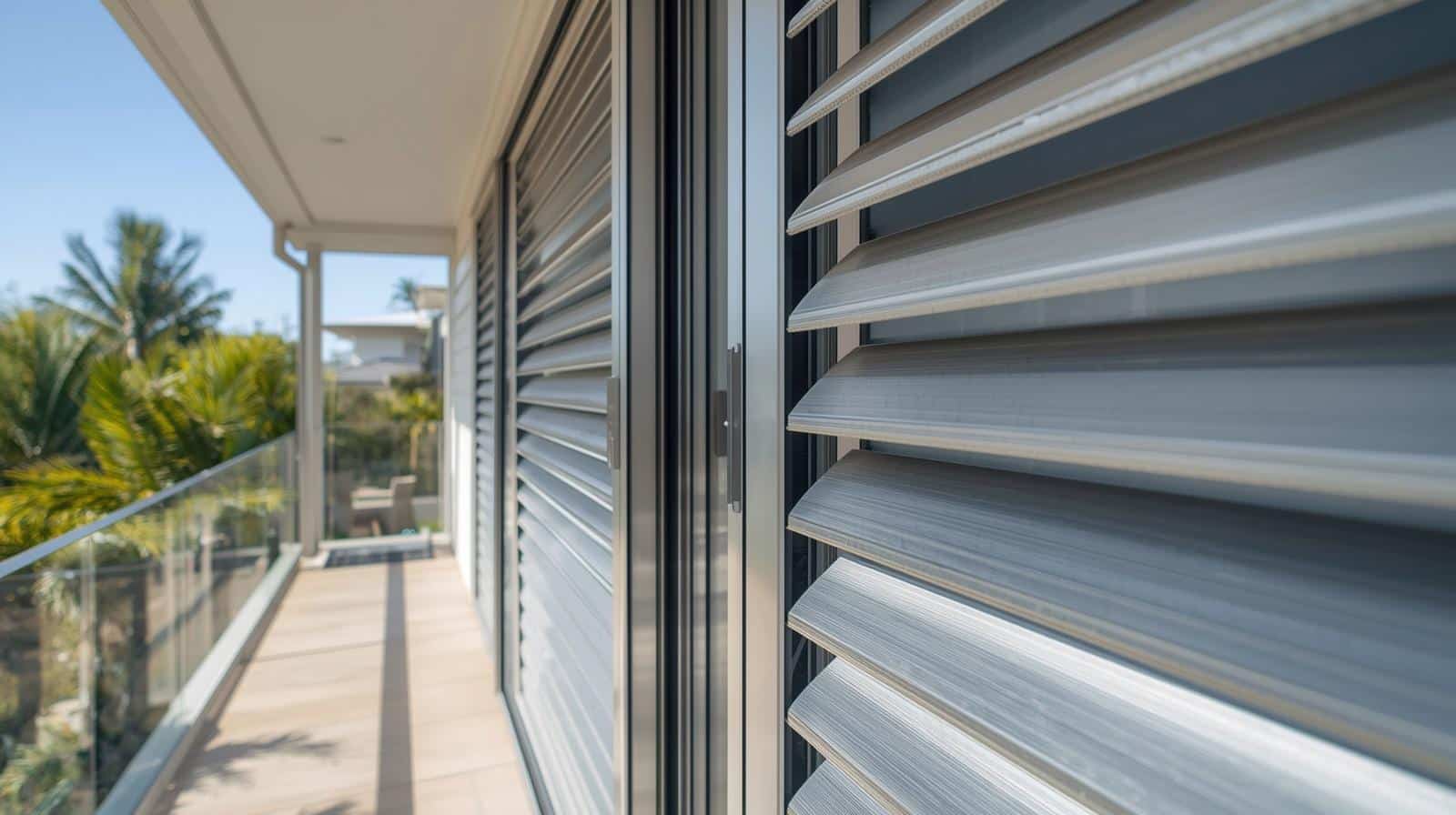 Bi-fold aluminium external louvres open on a Brisbane balcony alfresco area
