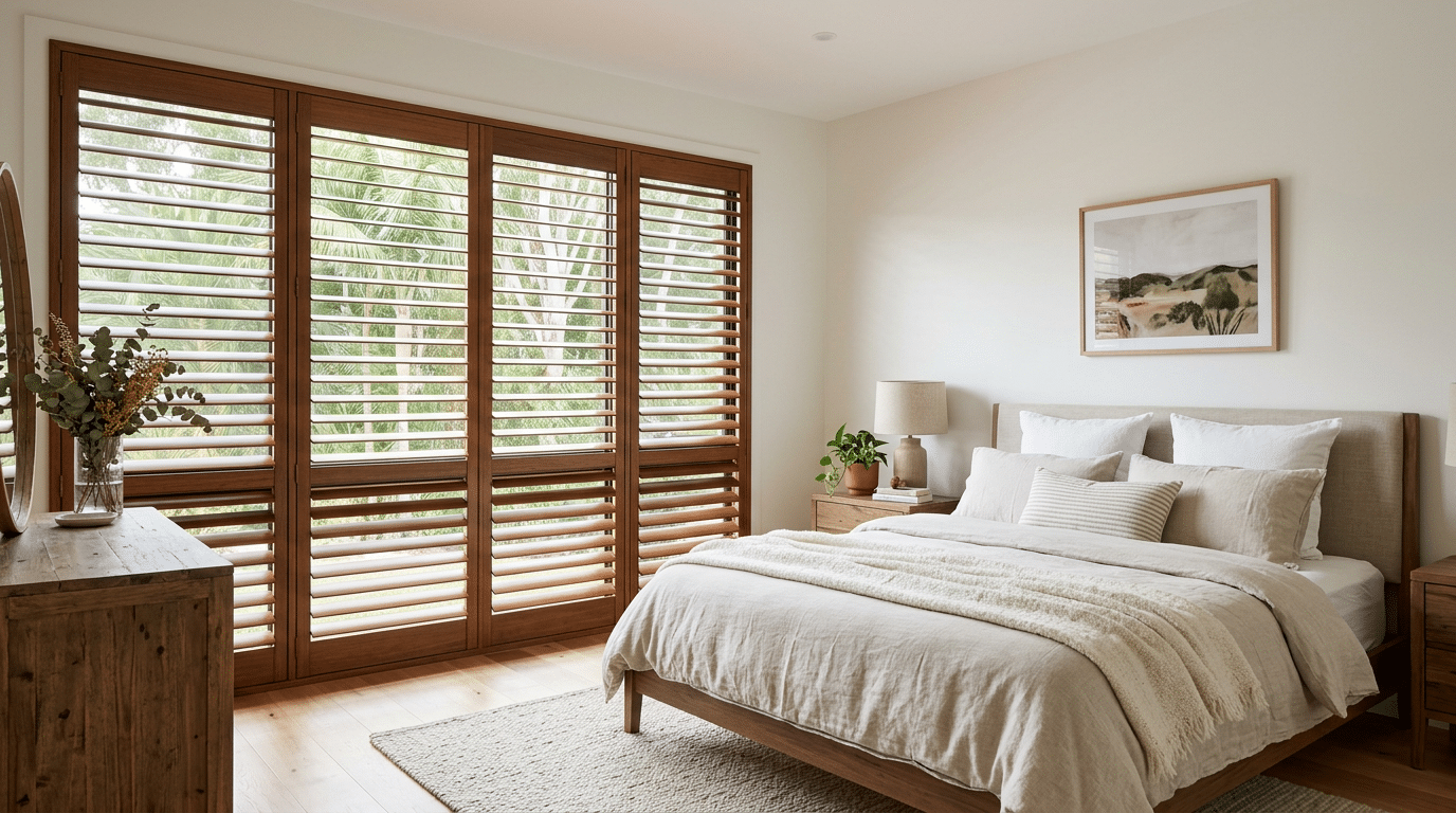 Custom-made timber plantation shutters installed in a Brisbane bedroom by ShutterUp