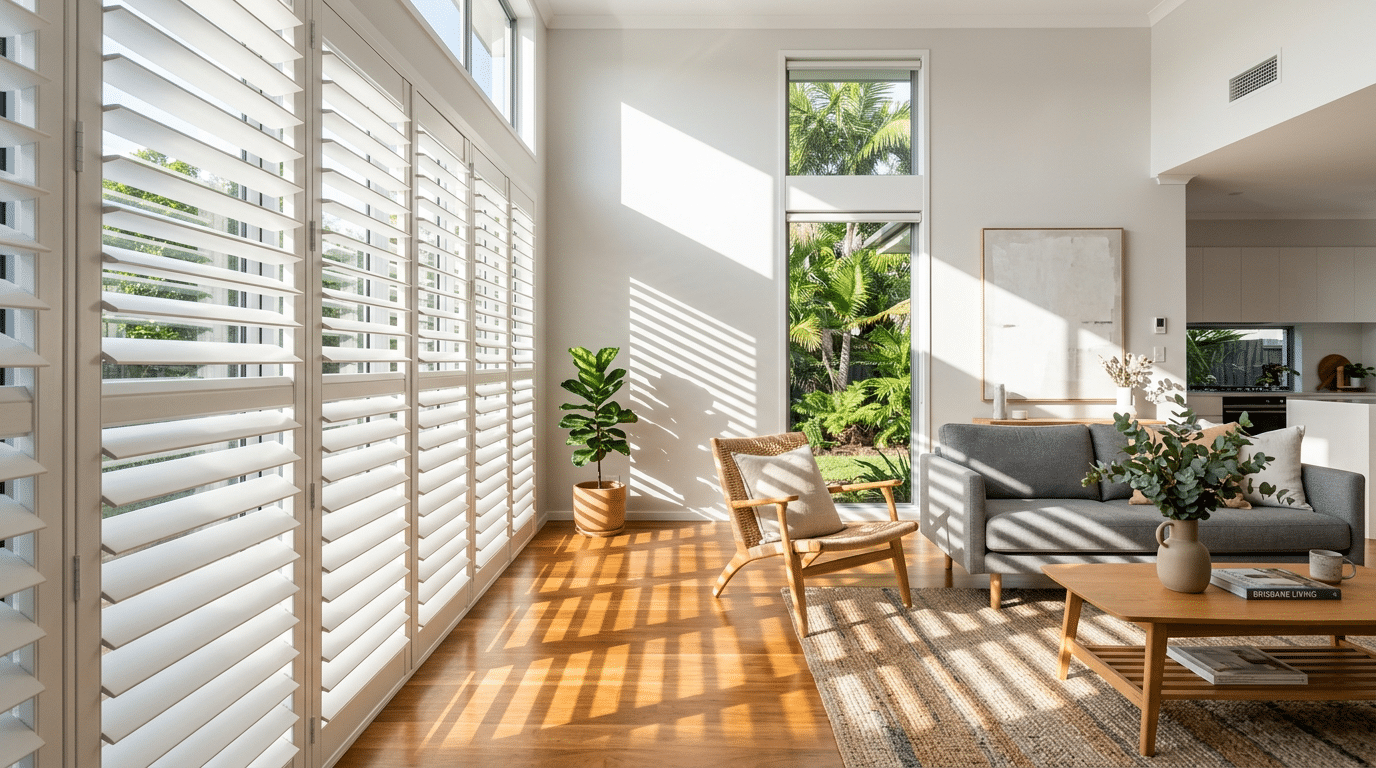 Plantation shutters with louvres angled for precise light control in a Brisbane living room