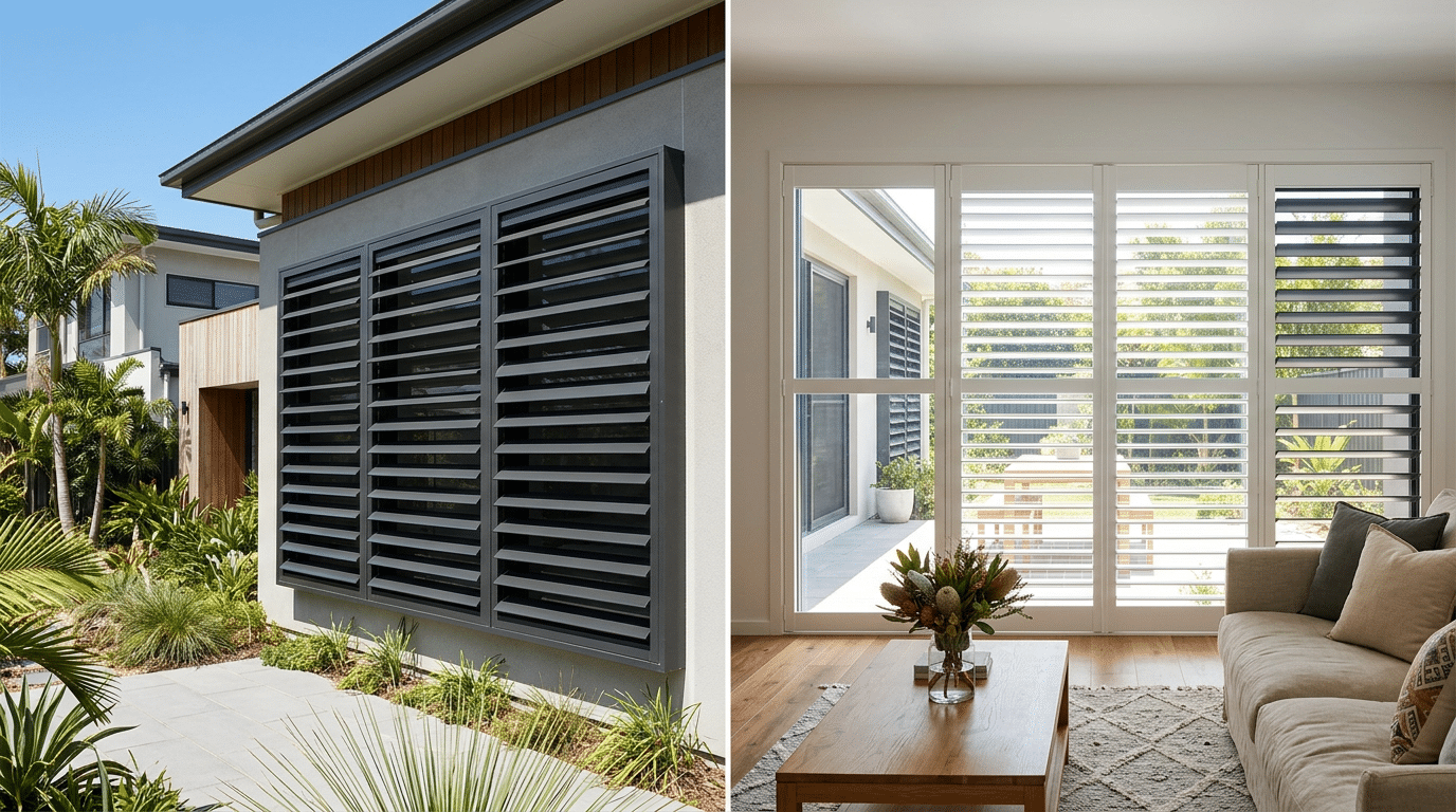 Side-by-side view of external aluminium louvres and interior plantation shutters in a Brisbane home