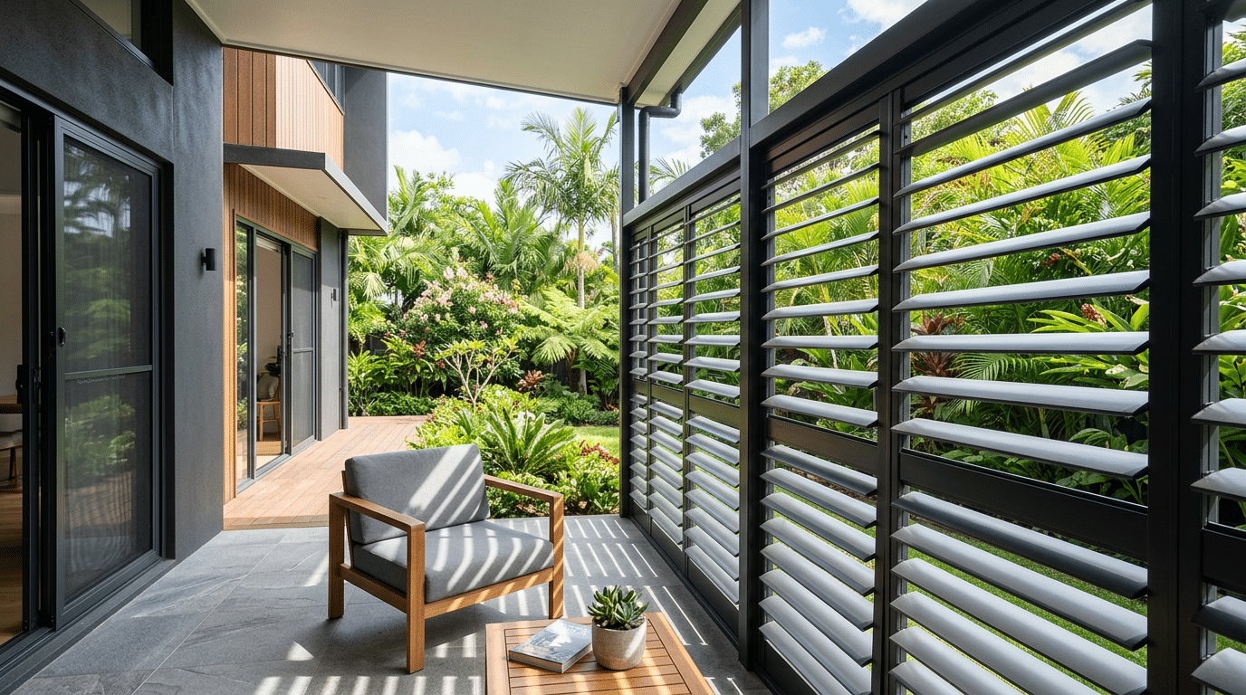 Adjustable louvres on outdoor patio shutters providing light and privacy control for a Brisbane home