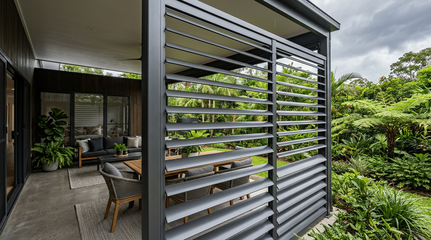 External aluminium louvres installed on a Brisbane patio providing weather protection and privacy