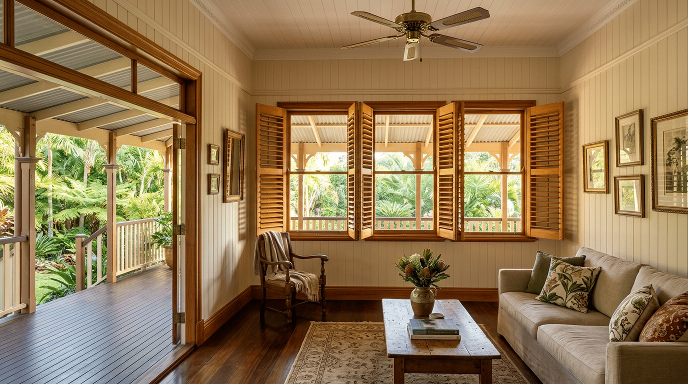 Timber venetian-style shutters complementing the classic proportions of a Brisbane Queenslander