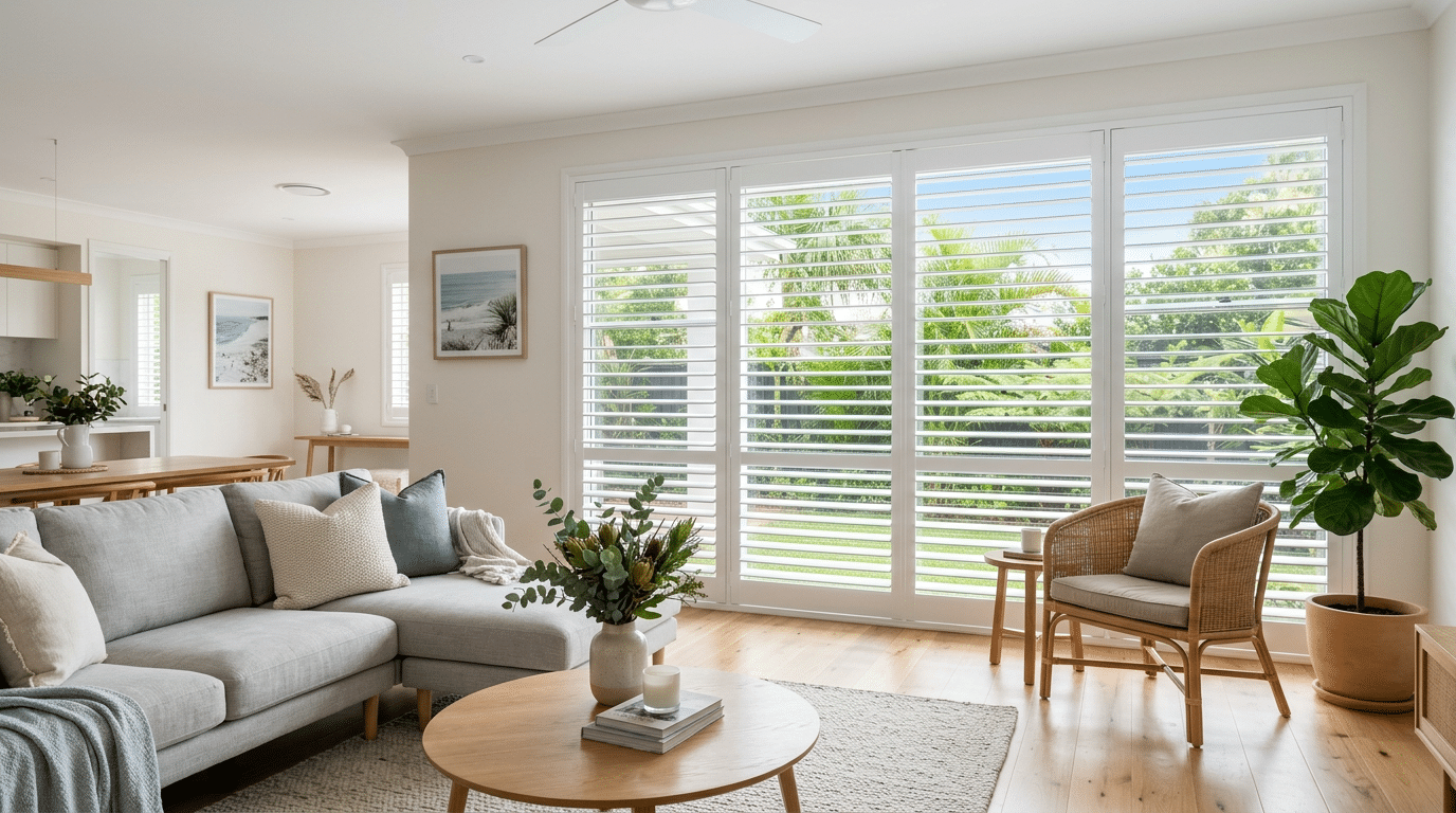 Venetian-style shutters with classic horizontal lines installed in a Brisbane living room