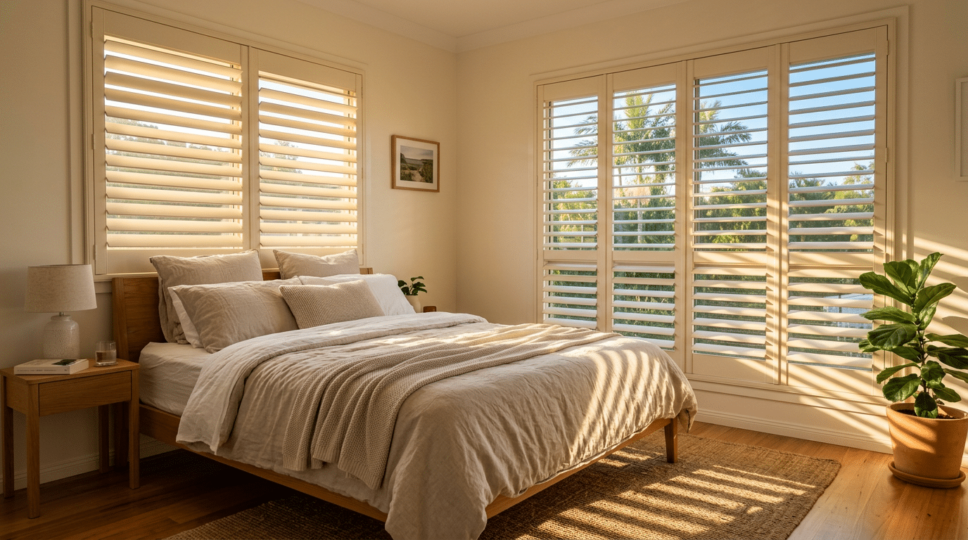 Venetian shutters in a Brisbane bedroom with louvres angled to filter afternoon sunlight