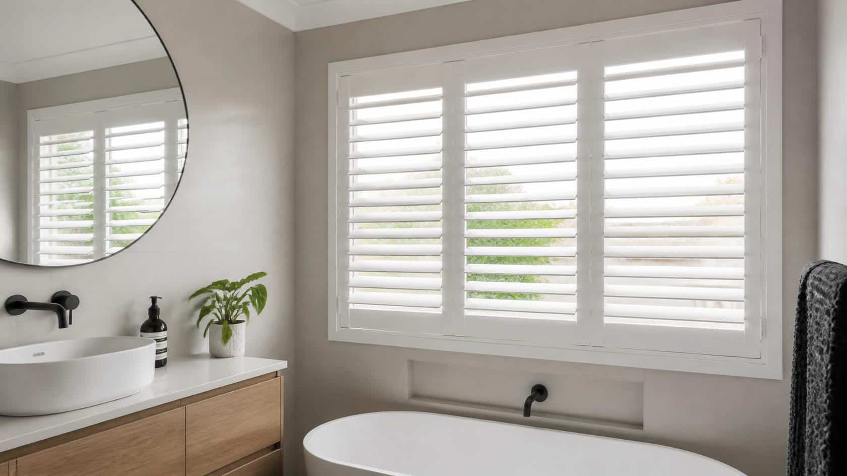 PVC plantation shutters installed on a Brisbane bathroom window