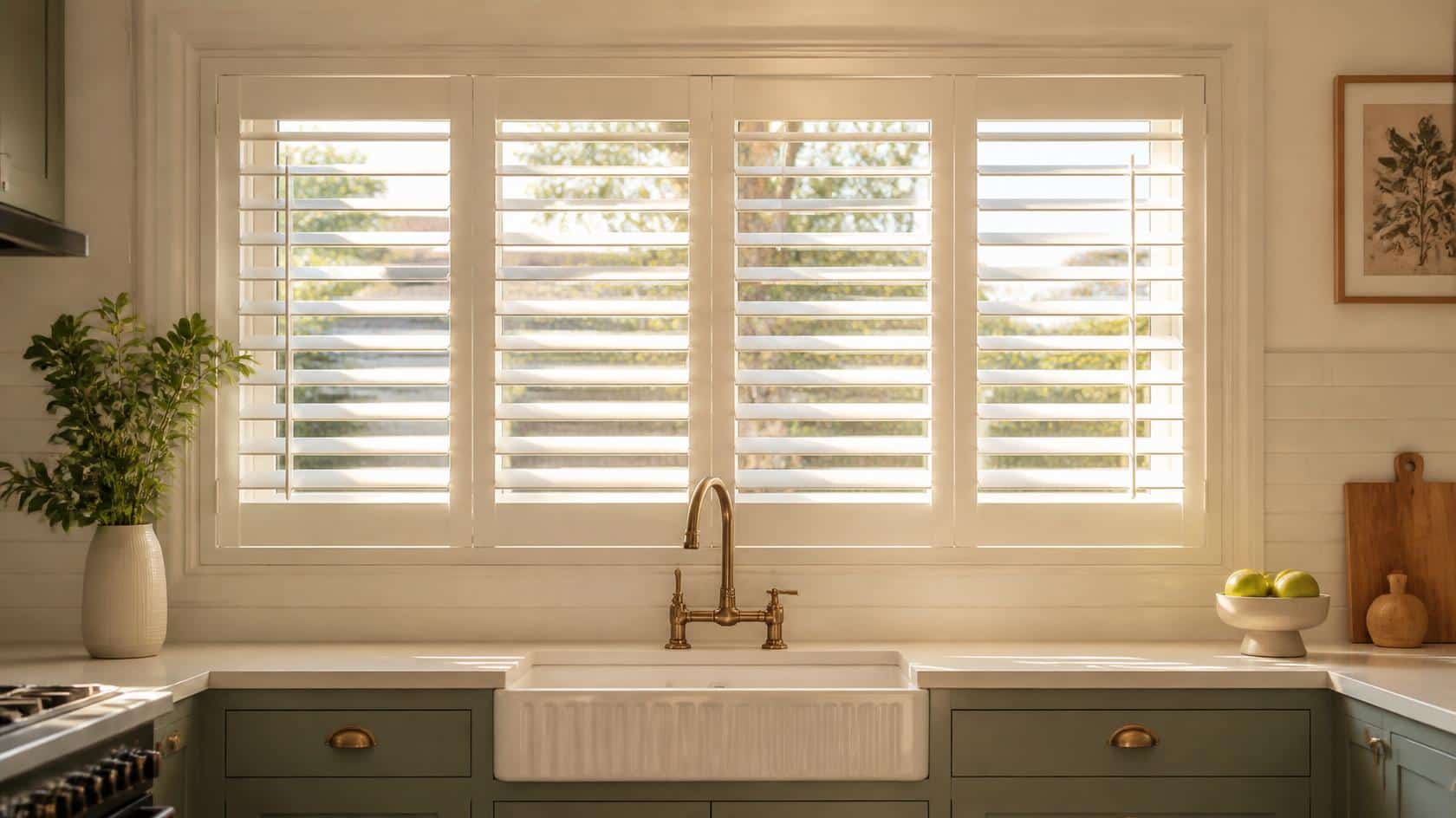 PVC plantation shutters fitted above a kitchen sink window in Brisbane