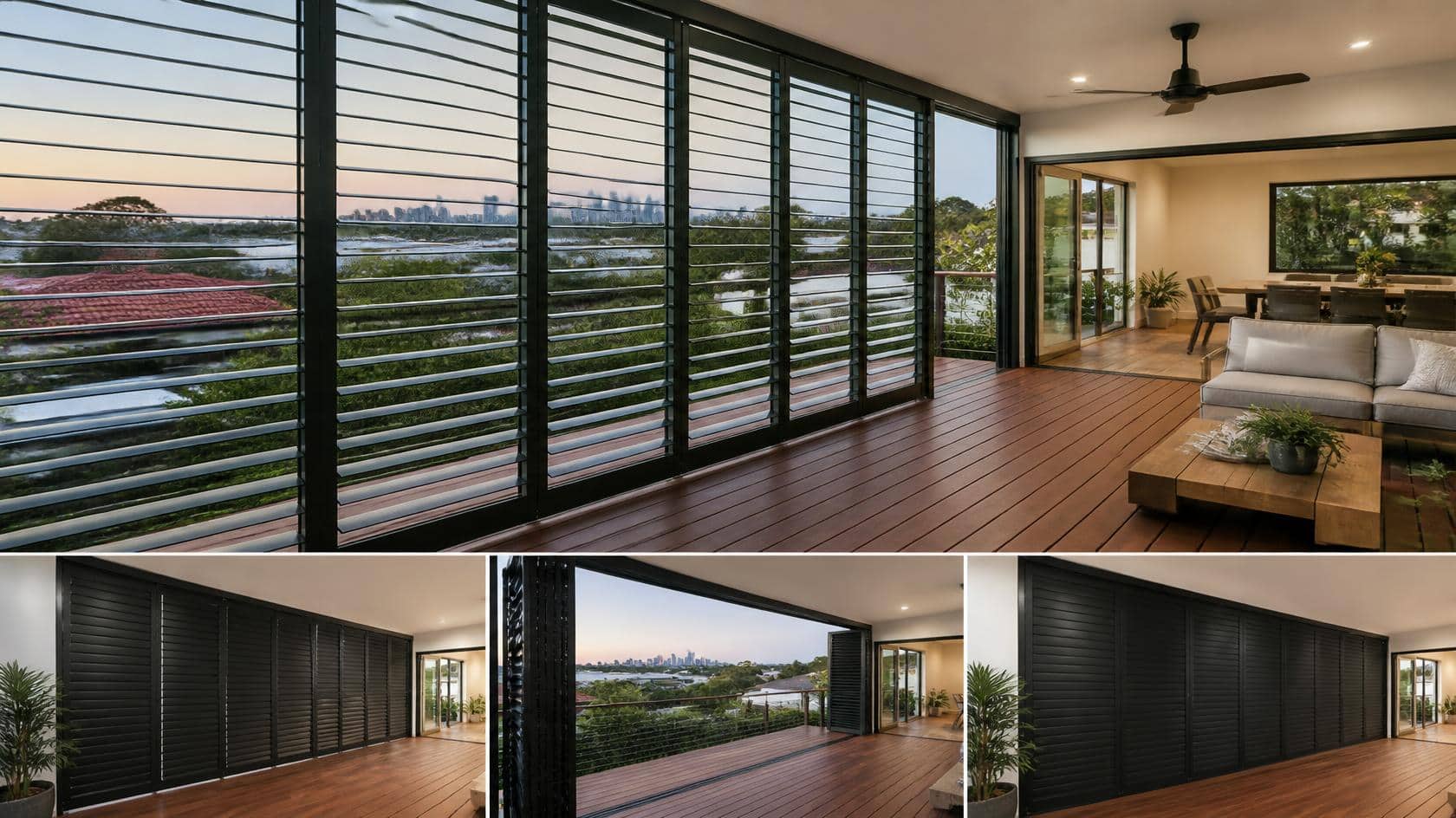 Multi-panel outdoor louvre shutter configuration spanning a wide Brisbane deck